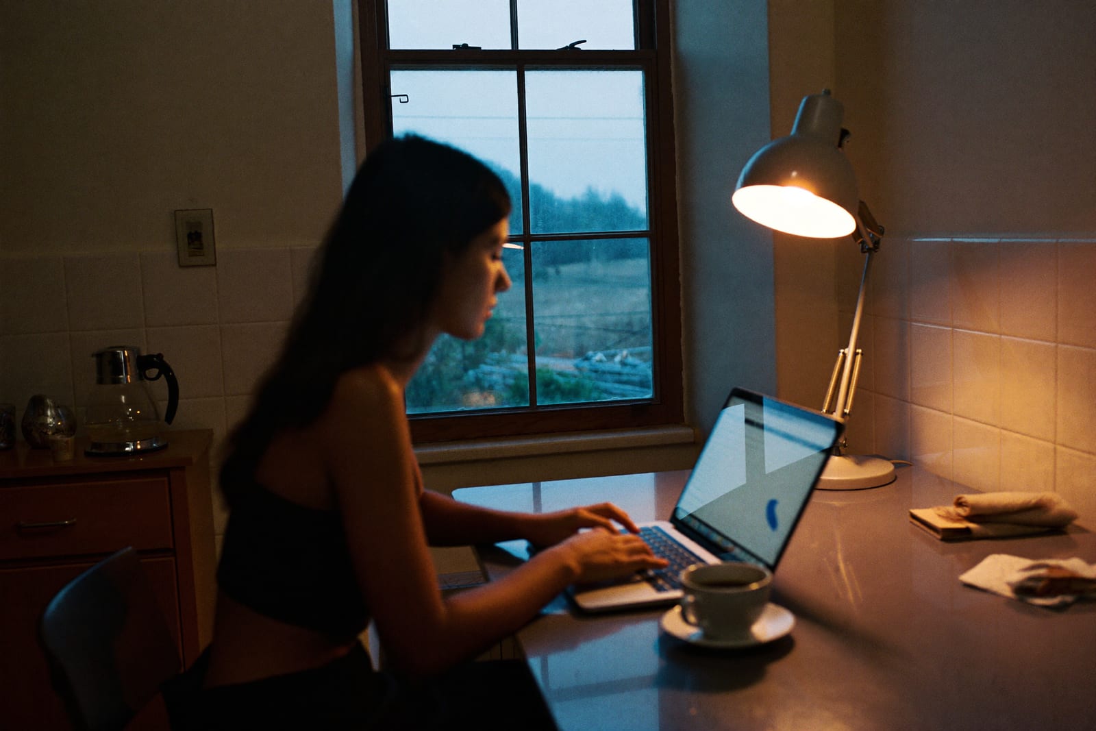 A person working on a laptop at a kitchen table at dawn