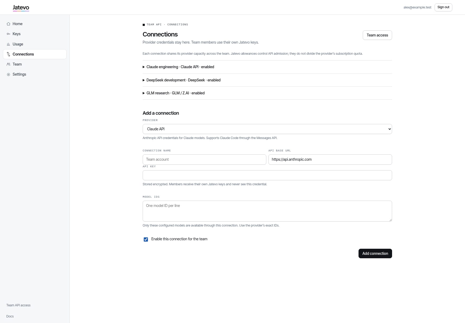 The connections page: provider credentials, encrypted, with the model IDs each one serves